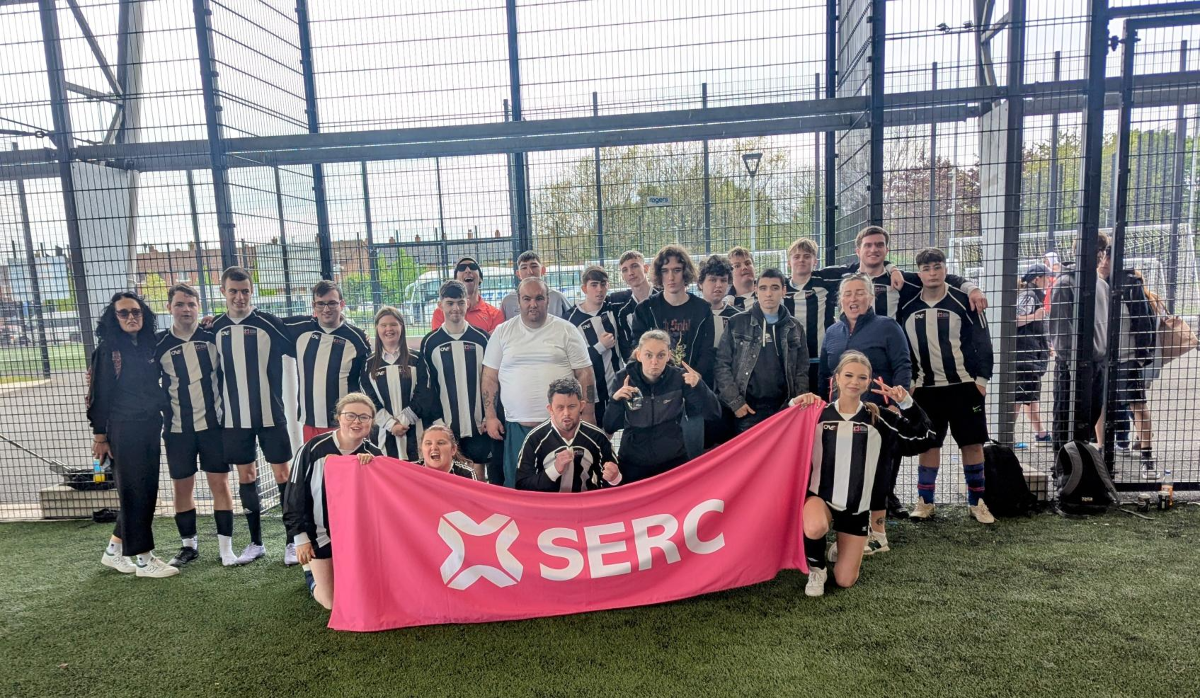Foundation Skills Academy students from SERC Lisburn Campus with their lecturers at Avoniel Leisure Centre, ready for action in the Inclusion Cup football tournament.